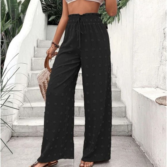 Swiss Dot Smocked Waist Wide Leg Palazzo Pants Black - Picture 2 of 5